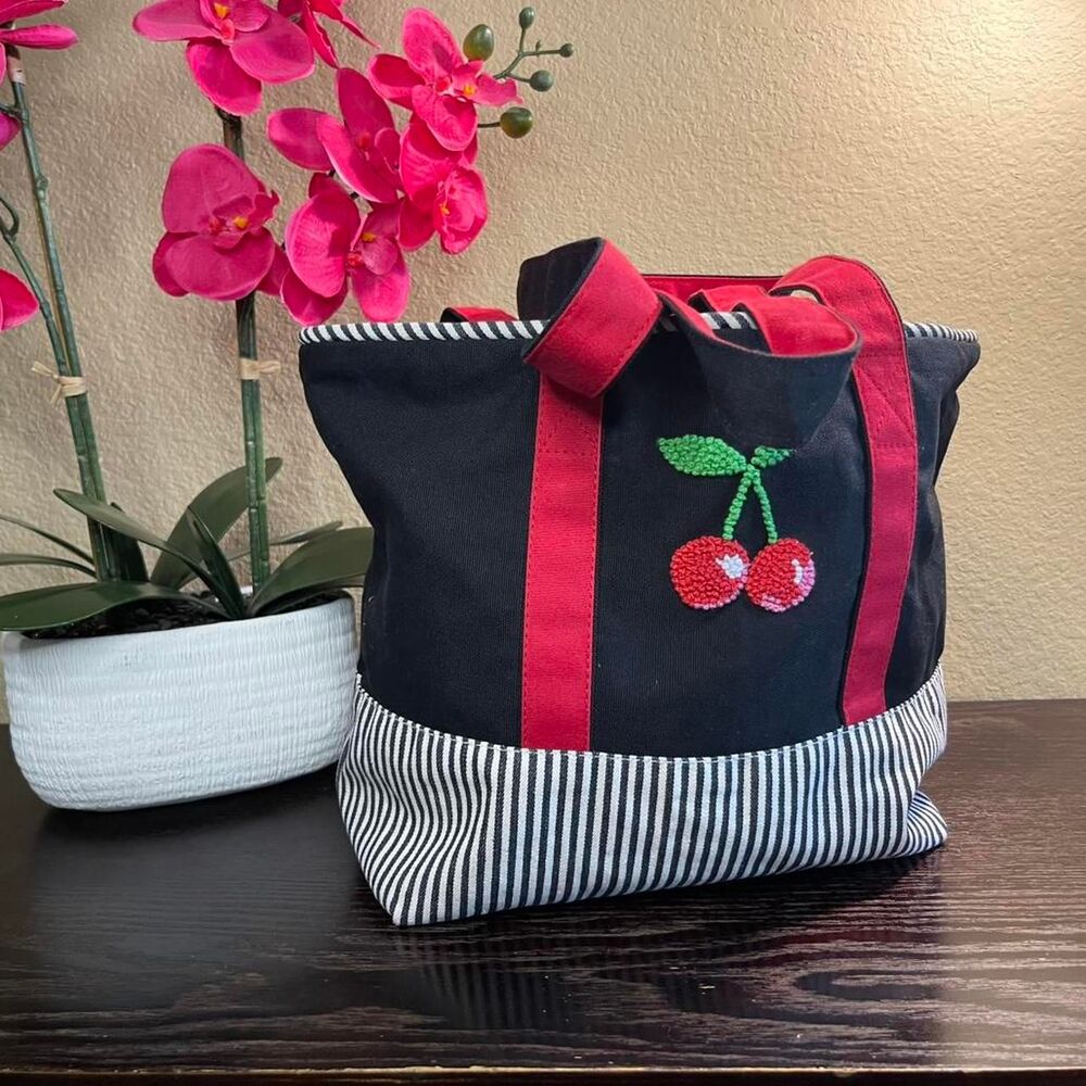 Cute Vintage Style Black Canvas Tote Bag Beaded Cherry Pattern Striped Trim